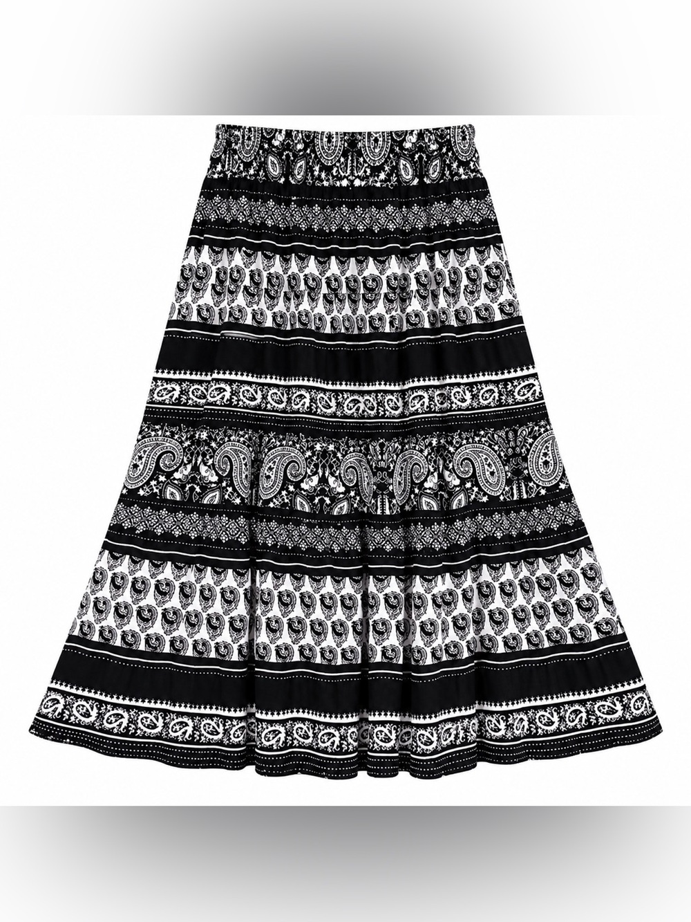 Notations Black & White Paisley Tiered A-Line Skirt